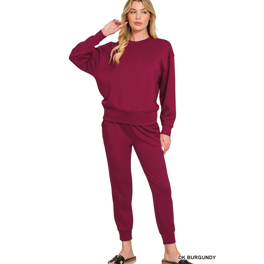 Zenana Scuba Pullover Joggers Set Womens Small Dk Burgundy NWOT ROPT-4053D4